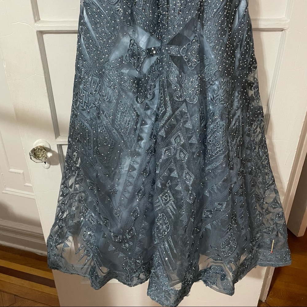 Slate Rusty Blue Gown Silver Beading & Lace Embroidered Design - Picture 4 of 4